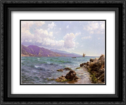 Fishing Boats on the Water, Cap Martin 24x20 Black Ornate Wood Framed Art Print Poster with Double Matting by Monsted, Peder Mork