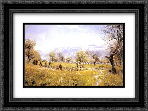 By The Lake 24x18 Black Ornate Wood Framed Art Print Poster with Double Matting by Monsted, Peder Mork