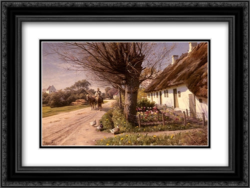 Cottages At Hjornbaek 24x18 Black Ornate Wood Framed Art Print Poster with Double Matting by Monsted, Peder Mork