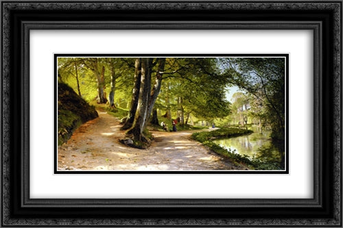 Den Rode Paraply 24x16 Black Ornate Wood Framed Art Print Poster with Double Matting by Monsted, Peder Mork