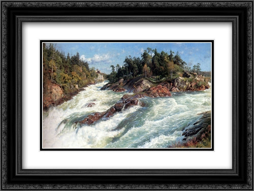 The Raging Rapids 24x18 Black Ornate Wood Framed Art Print Poster with Double Matting by Monsted, Peder Mork