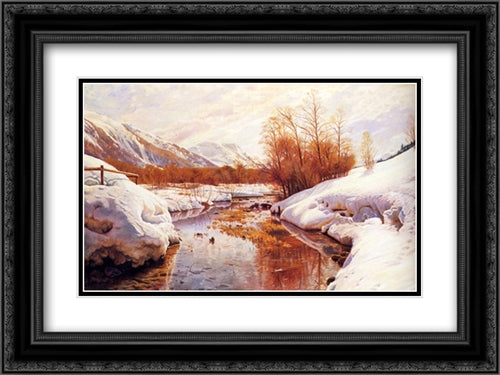 A Mountain Torrent In A Winter Landscape 24x18 Black Ornate Wood Framed Art Print Poster with Double Matting by Monsted, Peder Mork