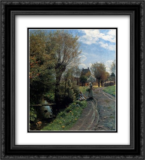 By The River, Brondbyvester 20x22 Black Ornate Wood Framed Art Print Poster with Double Matting by Monsted, Peder Mork