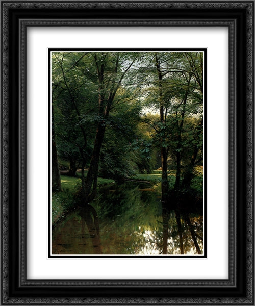 Figures Resting In A River Landscape 20x24 Black Ornate Wood Framed Art Print Poster with Double Matting by Monsted, Peder Mork