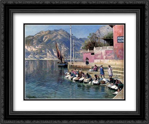 Washer Women,Torbole 24x20 Black Ornate Wood Framed Art Print Poster with Double Matting by Monsted, Peder Mork