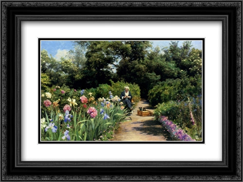 Knitting In The Garden 24x18 Black Ornate Wood Framed Art Print Poster with Double Matting by Monsted, Peder Mork