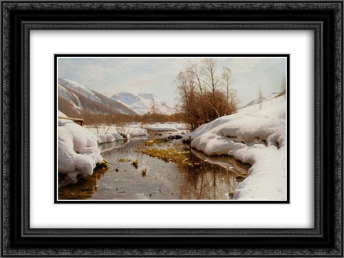 Snedaekket Flodbred 24x18 Black Ornate Wood Framed Art Print Poster with Double Matting by Monsted, Peder Mork