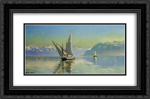 Udsigt Ved Geneve Soen, Schweiz 24x16 Black Ornate Wood Framed Art Print Poster with Double Matting by Monsted, Peder Mork