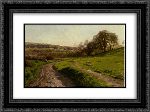 A Country Field 24x18 Black Ornate Wood Framed Art Print Poster with Double Matting by Monsted, Peder Mork