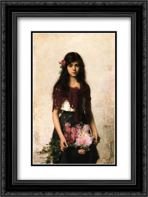 The Flower Seller 18x24 Black Ornate Wood Framed Art Print Poster with Double Matting by Harlamoff, Alexei Alexeivich