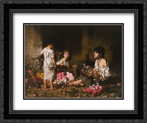 The Flower Girls 24x20 Black Ornate Wood Framed Art Print Poster with Double Matting by Harlamoff, Alexei Alexeivich