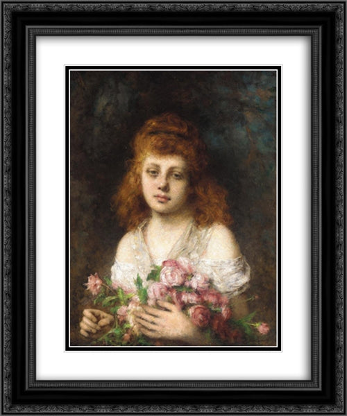 Auburn'haired Beauty with Bouqet of Roses 20x24 Black Ornate Wood Framed Art Print Poster with Double Matting by Harlamoff, Alexei Alexeivich