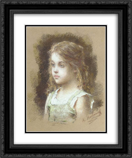 Young Girl in a Green Tunic 20x24 Black Ornate Wood Framed Art Print Poster with Double Matting by Harlamoff, Alexei Alexeivich