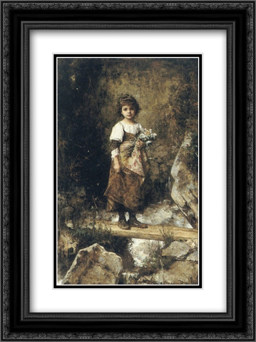 A Peasant Girl on a Footbridge 18x24 Black Ornate Wood Framed Art Print Poster with Double Matting by Harlamoff, Alexei Alexeivich