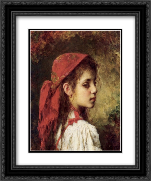 Portrait of a Young Girl in a Red Kerchief 20x24 Black Ornate Wood Framed Art Print Poster with Double Matting by Harlamoff, Alexei Alexeivich