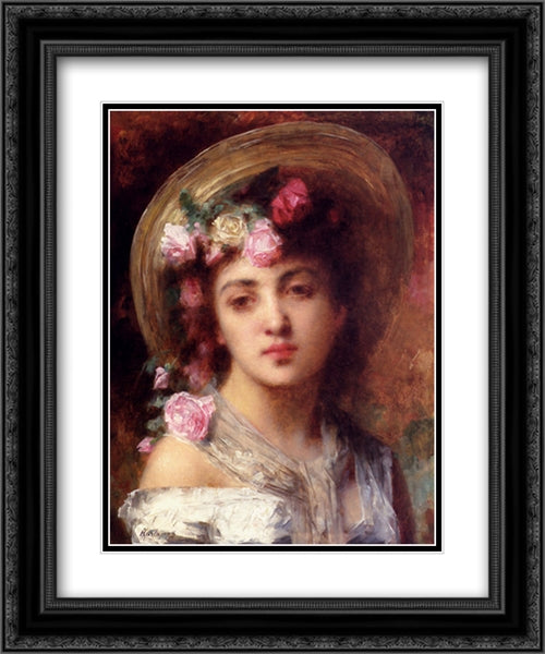 The Flower Girl 20x24 Black Ornate Wood Framed Art Print Poster with Double Matting by Harlamoff, Alexei Alexeivich