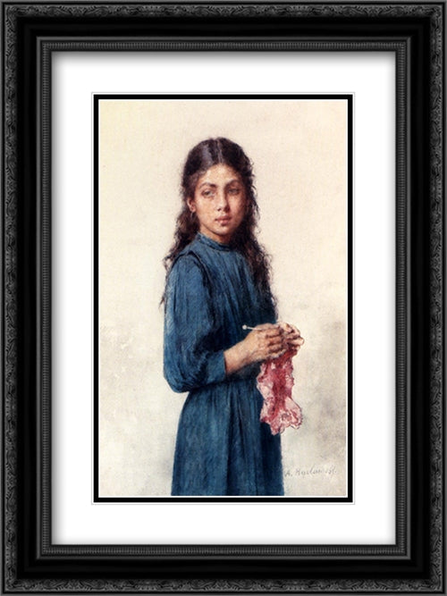 A Young Girl Knitting 18x24 Black Ornate Wood Framed Art Print Poster with Double Matting by Harlamoff, Alexei Alexeivich