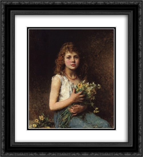 Girl with Spring Flowers 20x22 Black Ornate Wood Framed Art Print Poster with Double Matting by Harlamoff, Alexei Alexeivich