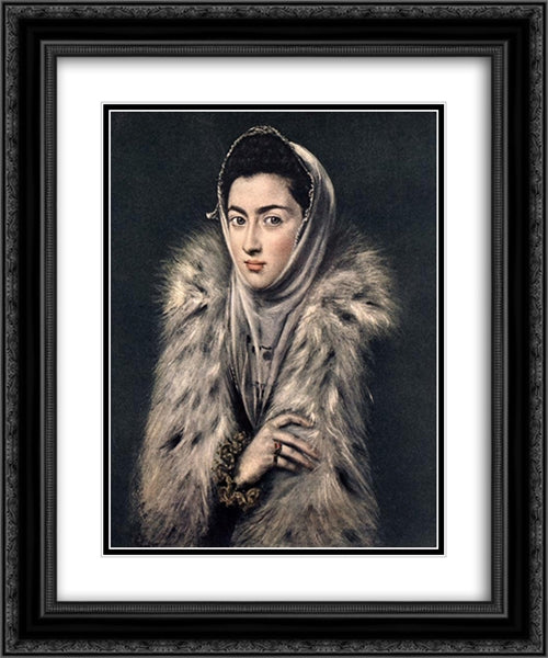 Lady with a Fur 20x24 Black Ornate Wood Framed Art Print Poster with Double Matting by El Greco