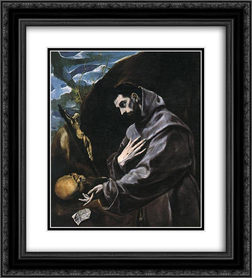 St Francis Praying 20x22 Black Ornate Wood Framed Art Print Poster with Double Matting by El Greco