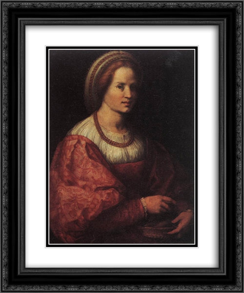 Portrait of a Woman with a Basket of Spindles 20x24 Black Ornate Wood Framed Art Print Poster with Double Matting by Sarto, Andrea del