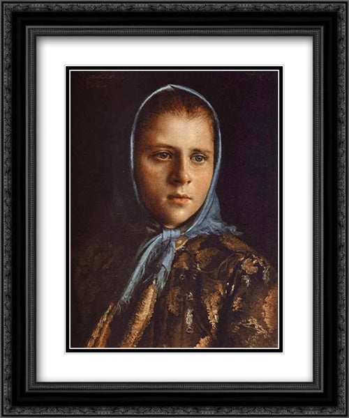 Russian Girl in a Blue Shawl 20x24 Black Ornate Wood Framed Art Print Poster with Double Matting by Kramskoi, Ivan Nikolaevich