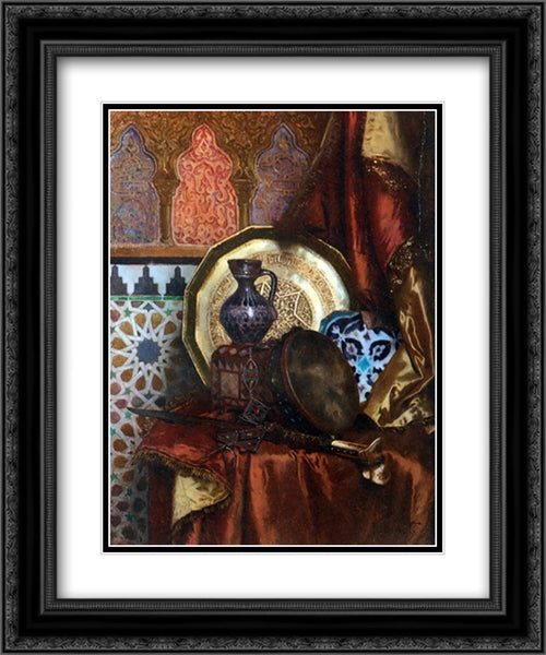 A Tambourine, Knife, Moroccan Tile and Plate on Satin covered Table 20x24 Black Ornate Wood Framed Art Print Poster with Double Matting by Ernst, Rudolf