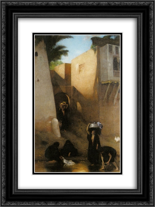 Femmes Fellahs au Lavoir, Caire 18x24 Black Ornate Wood Framed Art Print Poster with Double Matting by Bonnat, Leon