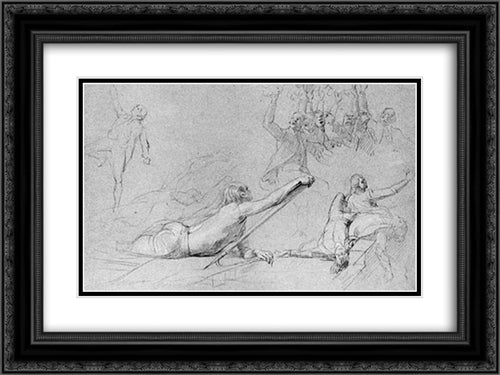 Study for 'The Siege of Gibraltar': Figure Reaching; Sprawling Figures; Cheering Group; Dying Sailors 24x18 Black Ornate Wood Framed Art Print Poster with Double Matting by Copley, John Singleton