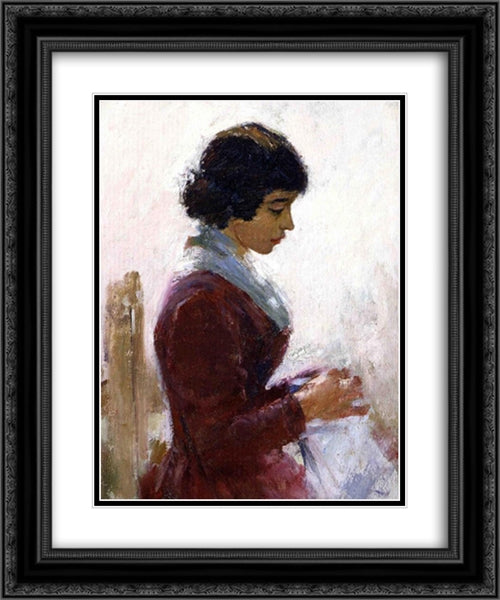 Girl in Red, Sewing 20x24 Black Ornate Wood Framed Art Print Poster with Double Matting by Robinson, Theodore