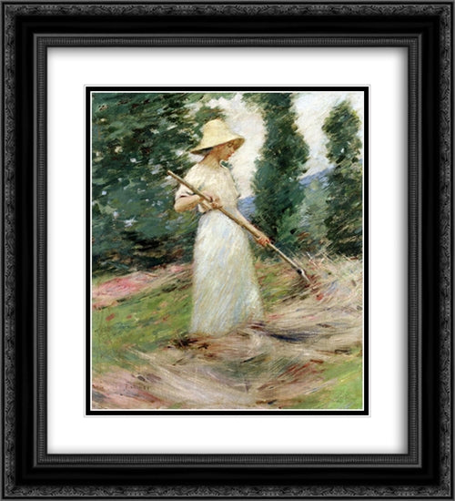 Girl Raking Hay 20x22 Black Ornate Wood Framed Art Print Poster with Double Matting by Robinson, Theodore