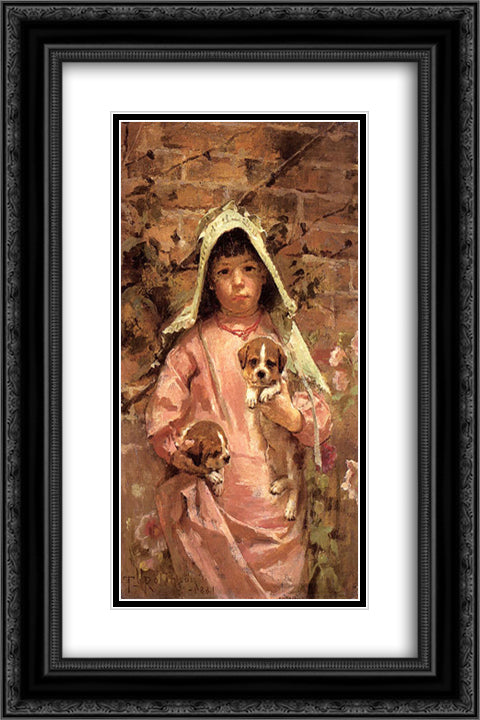 Girl with Puppies 16x24 Black Ornate Wood Framed Art Print Poster with Double Matting by Robinson, Theodore