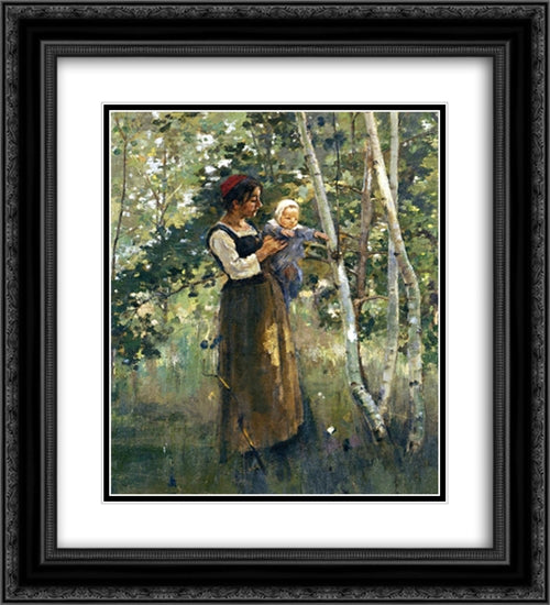 Mother and Child by the Hearth 20x22 Black Ornate Wood Framed Art Print Poster with Double Matting by Robinson, Theodore