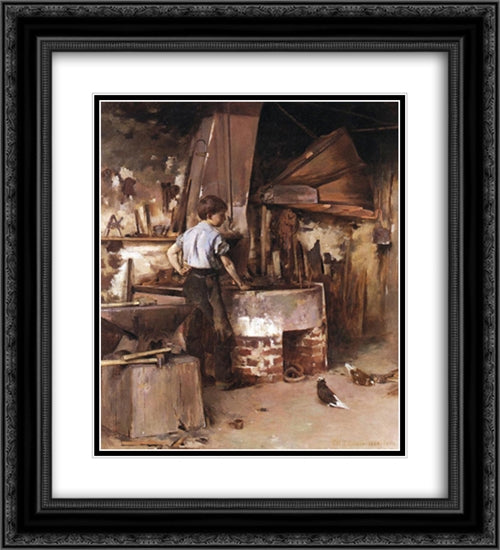 The Apprentice Blacksmith 20x22 Black Ornate Wood Framed Art Print Poster with Double Matting by Robinson, Theodore