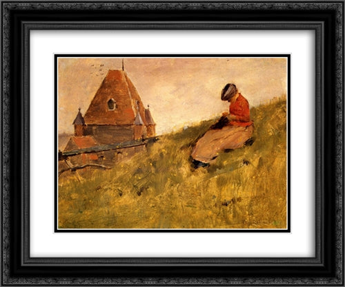 On the Cliff: A Girl Sewing 24x20 Black Ornate Wood Framed Art Print Poster with Double Matting by Robinson, Theodore