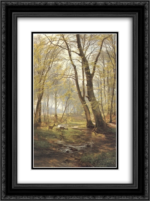 A Woodland Scene With Deer 18x24 Black Ornate Wood Framed Art Print Poster with Double Matting by Aagaard, Carl Fredrik