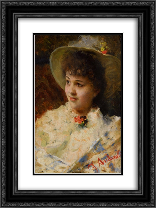 Girl In A Straw Hat 18x24 Black Ornate Wood Framed Art Print Poster with Double Matting by Andreotti, Federico