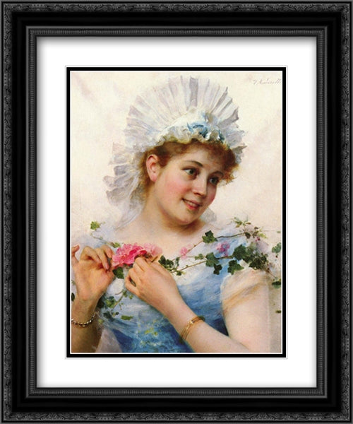 A Young Girl With Roses 20x24 Black Ornate Wood Framed Art Print Poster with Double Matting by Andreotti, Federico