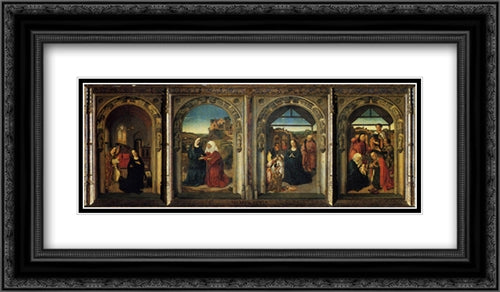 Polyptych Showing The Annunciation, The Visitation, The Adoration Of The Angels And The Adoration Of The Kings 24x14 Black Ornate Wood Framed Art Print Poster with Double Matting by Bouts, Dirck