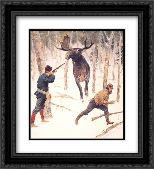 The Moose Hunt 20x22 Black Ornate Wood Framed Art Print Poster with Double Matting by Remington, Frederic