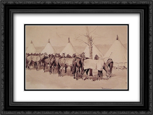 A Troop Picket Line of the Sixth United States Cavalry Camp at Rapid Creek 24x18 Black Ornate Wood Framed Art Print Poster with Double Matting by Remington, Frederic