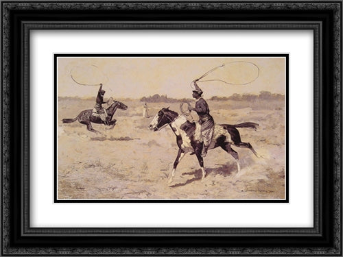 It was to be a lasso duel to the death 24x18 Black Ornate Wood Framed Art Print Poster with Double Matting by Remington, Frederic