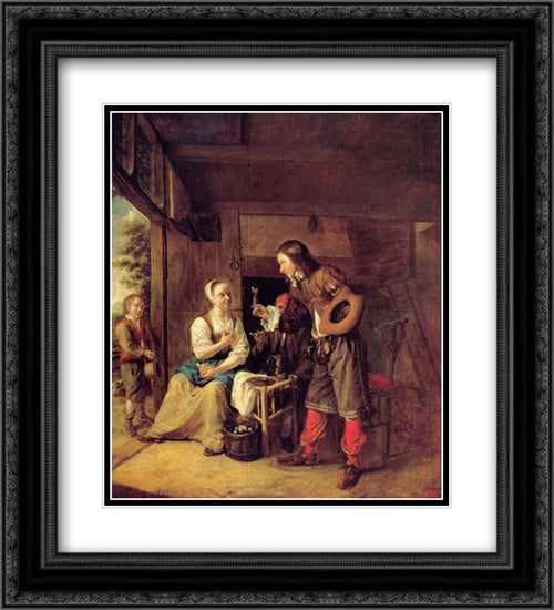 A Man Offering a Glass of Wine to a Woman 20x22 Black Ornate Wood Framed Art Print Poster with Double Matting by Hooch, Pieter de