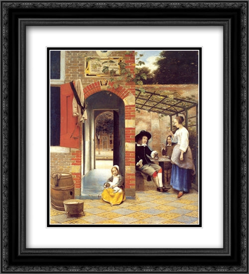 Figures Drinking in a Courtyard 20x22 Black Ornate Wood Framed Art Print Poster with Double Matting by Hooch, Pieter de