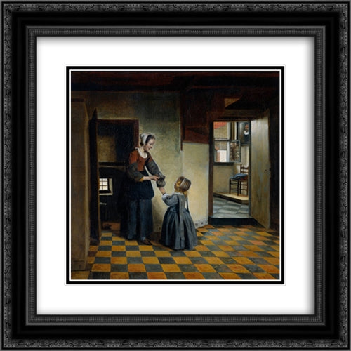 Woman with a Child in a Pantry 20x20 Black Ornate Wood Framed Art Print Poster with Double Matting by Hooch, Pieter de