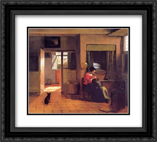 A Mother and Child with Its Head in Her Lap 22x20 Black Ornate Wood Framed Art Print Poster with Double Matting by Hooch, Pieter de