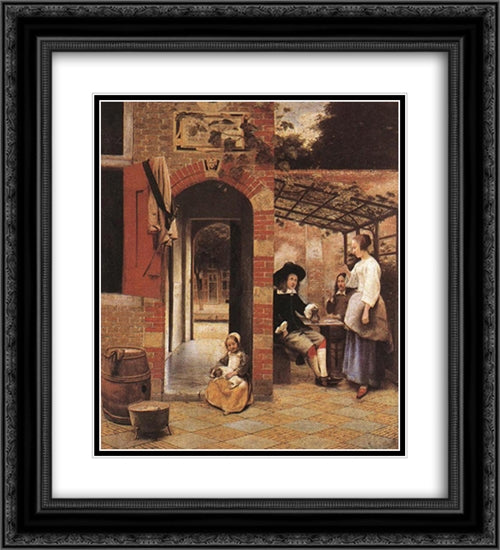Drinkers in the Bower 20x22 Black Ornate Wood Framed Art Print Poster with Double Matting by Hooch, Pieter de