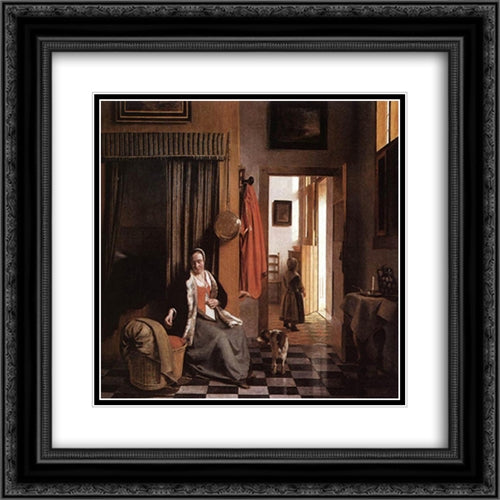 Mother Lacing Her Bodice beside a Cradle 20x20 Black Ornate Wood Framed Art Print Poster with Double Matting by Hooch, Pieter de