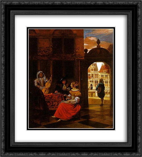 Musical Party in a Courtyard 20x22 Black Ornate Wood Framed Art Print Poster with Double Matting by Hooch, Pieter de