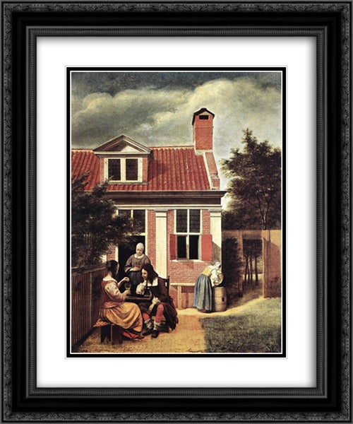 Village House 20x24 Black Ornate Wood Framed Art Print Poster with Double Matting by Hooch, Pieter de